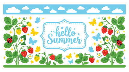 Hello summer banner with strawberries butterflies and ladybugs © GW