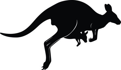 Vector silhouette of kangaroo with joey leaping across landscape silhouette design © Ummei