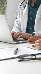 Fototapeta premium Male doctor wearing lab coat over a green shirt, is typing on a laptop and listening to a woman patient during medical consultation in clinic. Medicine and health care