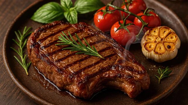 Savory Steak on Plate: A close-up shot of a perfectly grilled steak, complemented by vibrant tomatoes, roasted garlic, and fresh herbs, presented on a rustic wooden plate. 