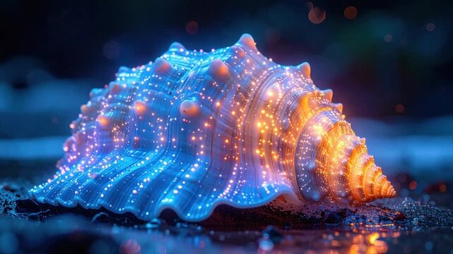 Bioluminescent seashell glows with orange and blue light, on dark textured surface