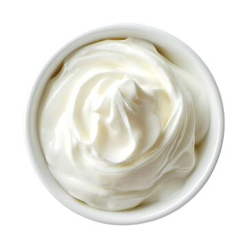 Top view of fresh, thick, and creamy plain yogurt or sour cream in a small white ceramic bowl, showcasing its smooth texture and rich consistency, ready for cooking or consumption&nbsp;