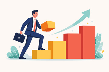 Businessman building steps for his corporate career, flat vector illustration of a professional man climbing a bar chart staircase with an upward arrow representing growth, success, and progress.