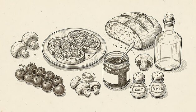 Rustic Food Spread Sketch with Bread Jars and Fresh Vegetables