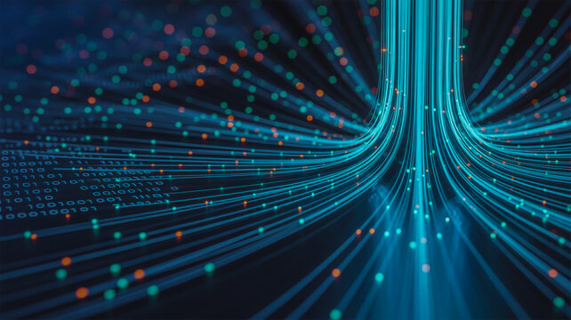 Intricate digital network visualization with glowing blue and red data streams
