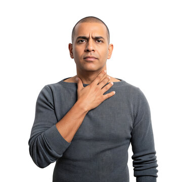 Middle Aged Hispanic Man Suffering from Chronic Laryngitis and Sore Throat Pain