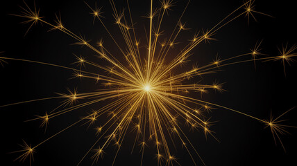 Fototapeta premium Golden sparkling fireworks explosion with radiant light beams and stars