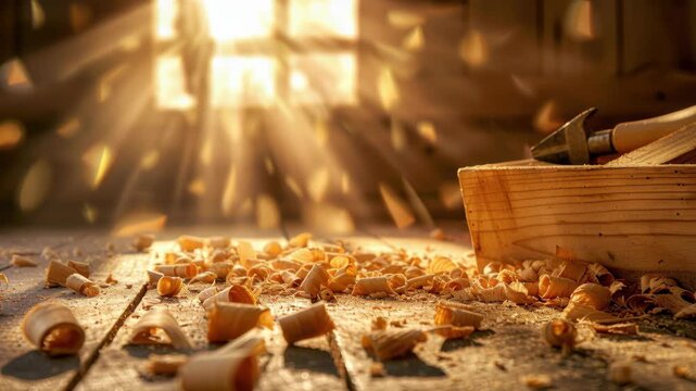 Crafting Brilliance: A close-up view captures the artistry of woodworking, showcasing wooden bowl and tools scattered amidst the wood shavings, as sun rays flood the workspace.