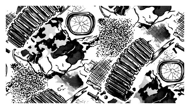 Abstract industrial pattern with mechanical parts and halftone textures in vintage engraving style