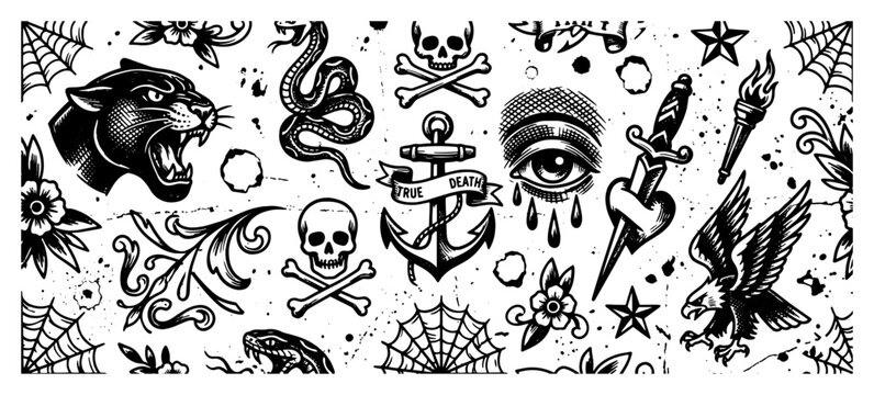 Traditional tattoo flash collection featuring panther skull snake and anchor in vintage hand drawn style