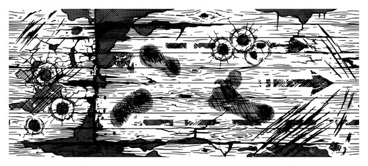 Fototapeta premium Weathered wooden surface featuring bullet holes and deep scratches in vintage engraving style