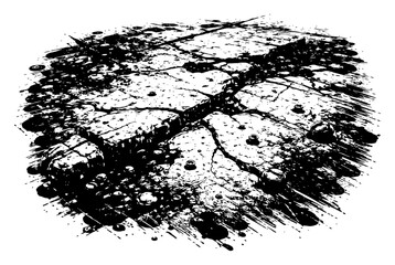 Cracked concrete surface with deep fissures and stains in vintage engraving style
