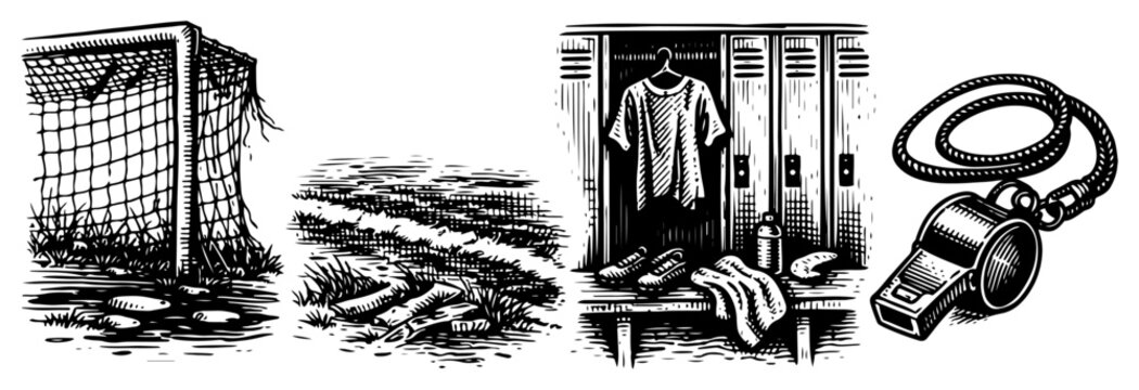 Soccer sports elements including broken goal mud locker and referee whistle in vintage engraving style