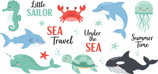 Cute little sailor sea travel vector set with dolphin whale shark turtle crab jellyfish and under the sea lettering © Selim Studio