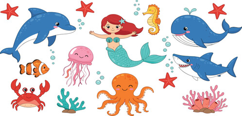 Cute mermaid and ocean animals cartoon vector set with dolphin whale shark octopus crab jellyfish and coral illustration