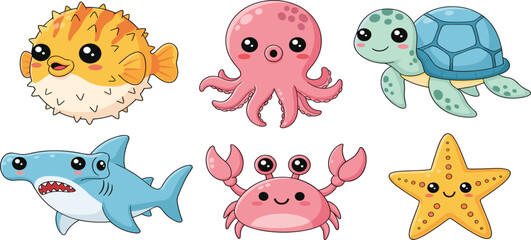 Cute sea animals cartoon set with pufferfish octopus turtle shark crab and starfish adorable underwater vector illustration © Selim Studio