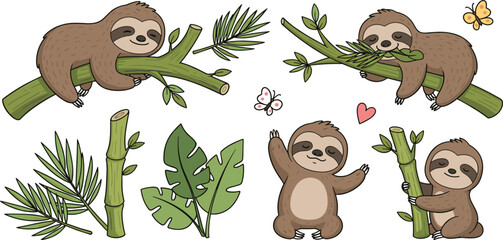 Fototapeta premium Cute Sloth Cartoon Collection with Bamboo Branches Tropical Leaves and Adorable Jungle Animal Vector Illustration Set