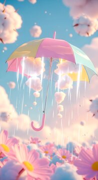Whimsical Pastel Umbrella Raining Flowers in Dreamy Cloudscape.