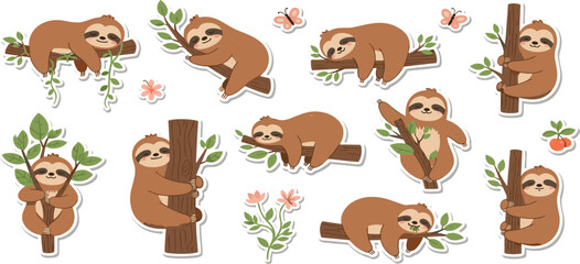 Fototapeta premium Cute Sloth Sticker Collection with Tree Branches Flowers and Tropical Leaves Adorable Jungle Animal Cartoon Vector Set