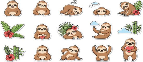 Fototapeta premium Cute Sloth Sticker Collection with Tropical Leaves Bamboo Clouds and Adorable Jungle Animal Cartoon Vector Set