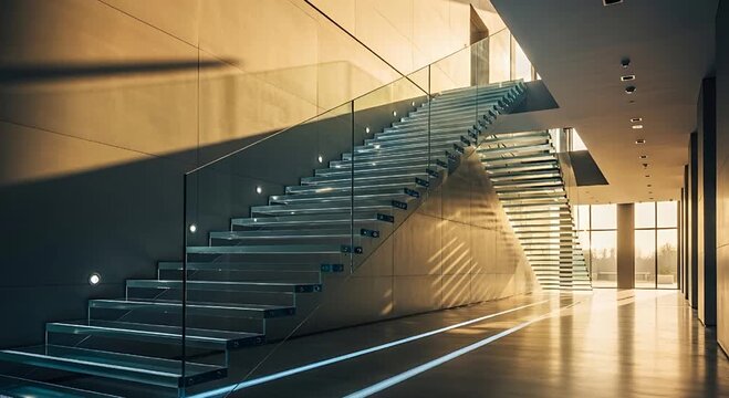 A modern staircase with sleek design and ambient lighting in a contemporary building video
