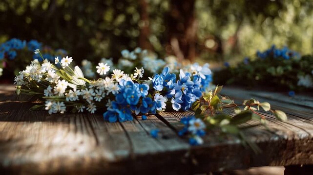 Floral wreaths of white daisies and blue wildflowers on rustic wooden table with warm dappled sunlight for Assumption Day
