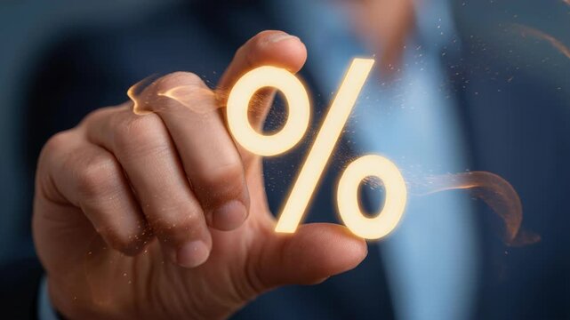 Percentage Symbol in Hand: A close-up shot captures a hand delicately holding a glowing percentage symbol. This conceptual image represents finance, investment, or marketing