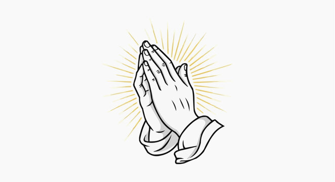 Vector illustration of hands in prayer with a radiant yellow lightning background