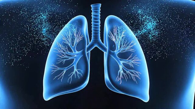 Detailed illustration of human lungs with visible bronchi and trachea against a dark background