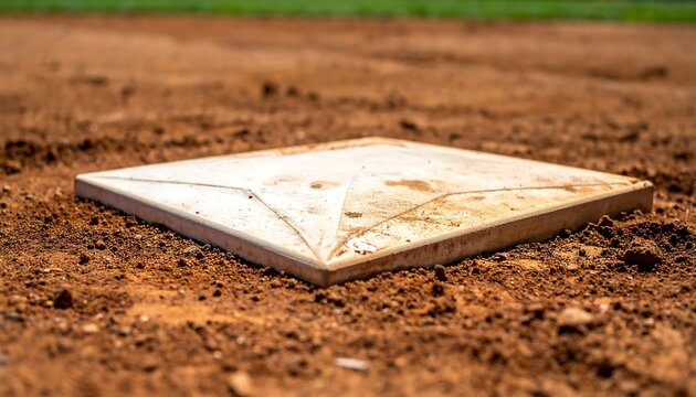 Close-up of a weathered baseball base on a dirt field, game time ready