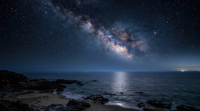 Stunning Milky Way Galaxy Over Ocean at Night with Stars.
