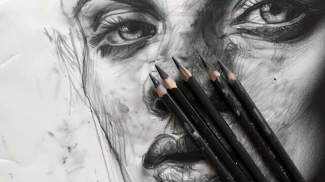 Black and white sketch of human eye with pencils on textured paper