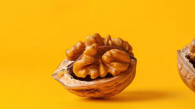 Half walnut kernel is nestled inside its shell against vibrant yellow background