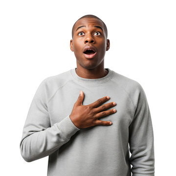 Young Black man with hand on chest showing shocked expression of sudden realization