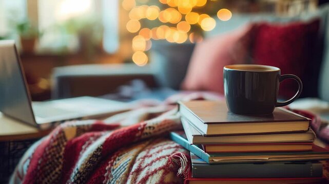 Cozy reading nook with a cup of coffee on stack books, laptop, and warm lighting.