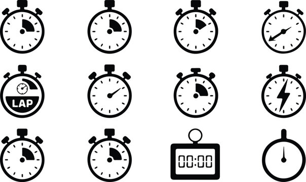Minimalist black and white stopwatch icon set with twelve variations arranged in grid including digital lap and timer symbols