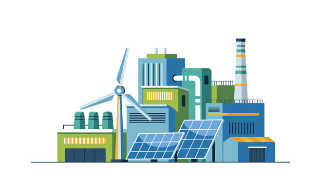 A complex of blue and green industrial buildings with a smoking chimney is integrated with a wind turbine and two solar panels.