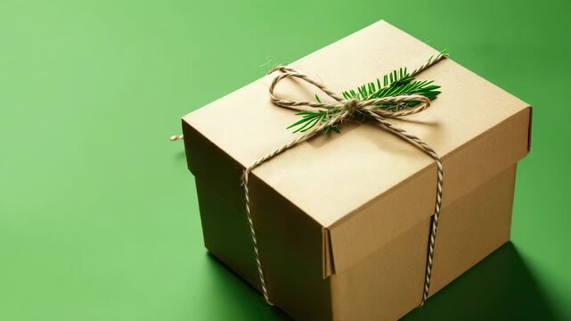 Brown paper gift box with rustic string and greenery on a vibrant green background.