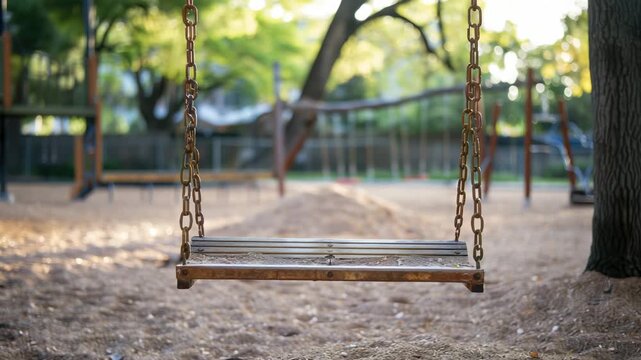 Empty swing in a playground with blurry background.