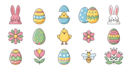 Fototapeta premium Easter themed illustrations of bunnies eggs chicks and flowers