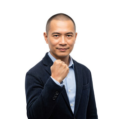 Confident Asian Male Entrepreneur Showing Fist Pump Gesture for Business Success