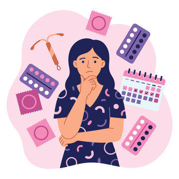 Woman thinking about contraception options surrounding by various methods