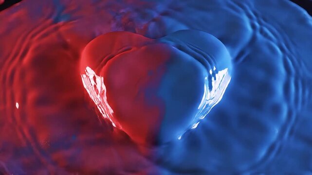 A heart-shaped object floating on water with red and blue reflections from above