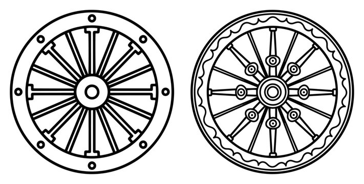 Dharmachakra wheel of dharma symbols representing buddhist and hindu teachings in line art style