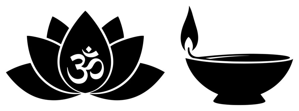 Lotus flower with om symbol and burning diya lamp in flat silhouette style