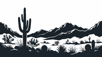Serene desert silhouette featuring iconic saguaro cacti, various arid plants, and majestic distant mountains © Rishi