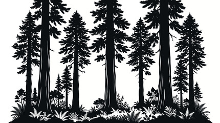 Majestic redwood forest silhouette against a white background, showcasing nature's grandeur © Rishi