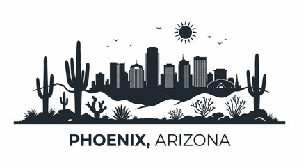 Phoenix Arizona Skyline Silhouette with Desert Cactus and Sun in the Background © Rishi