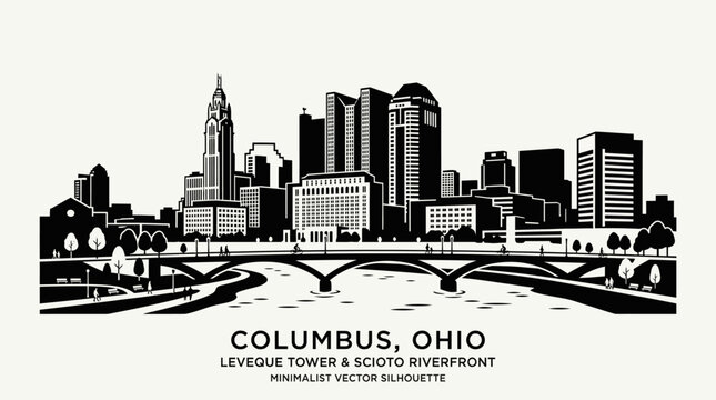 Columbus Ohio Skyline Silhouette with River and Bridge Vector Illustration