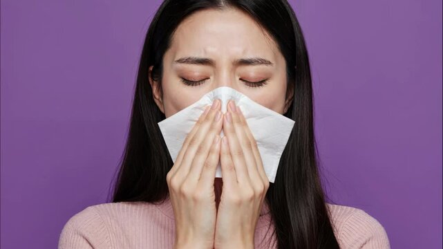 Sneeze in action: A person with a tissue pressed against the nose and mouth. capturing the expression of a person during a sneeze or when they are suffering from allergies or cold.